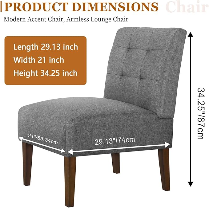 Modern Accent Chair for Living Room Upholstered Armless Slipper Chair with Back &amp Wood Legs Comfy Small Chair for Bedroom Living Room Reading Spaces Office (Gray2)