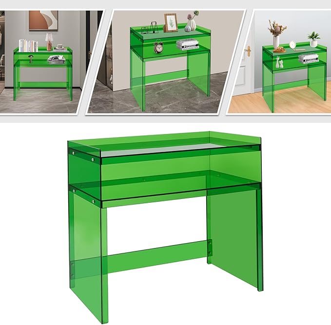 Acrylic Console Table 39.4×11.8×31.5in Laptop Workstation Study Table Modern Home Office Acrylic Console Desk for Living Room Office Entryway Hallway (Green)