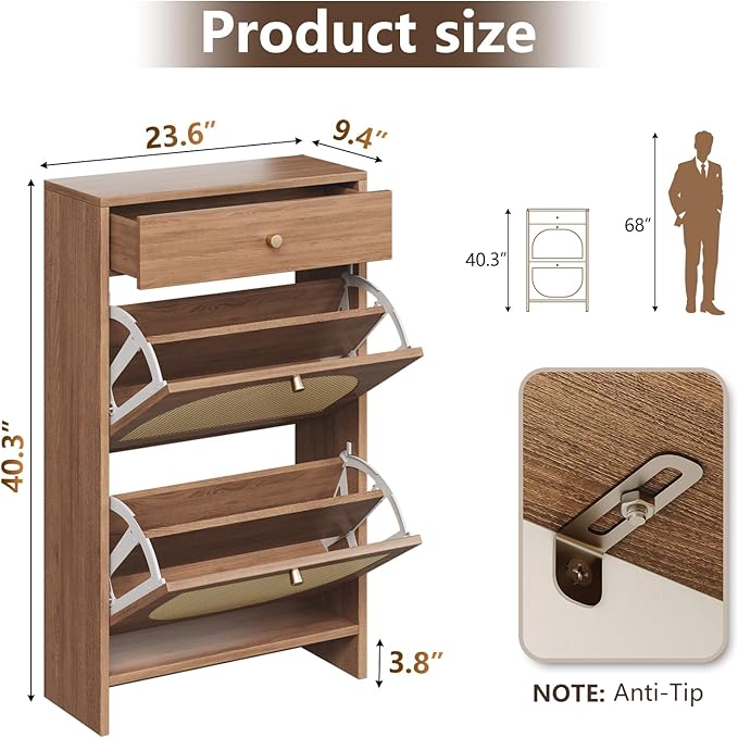 Nicetree Shoe Cabinet for Entryway Slim Shoe Rack with 2 Flip Drawers and Top Storage Drawer Narrow Shoe Organizer with Arched Rattan Accent Entryway Shoe Storage for Size 12 Shoes Caramel
