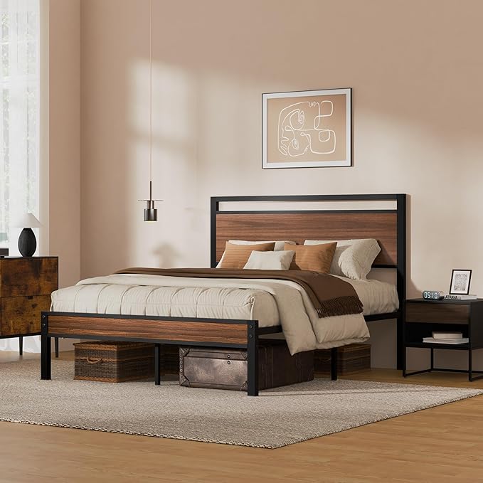 Easy Assembly Queen Bed Frame with Modern Wood Headboard &amp Footboard Upgraded Heavy Duty Metal Sturdy Bed Frame Queen Size Stable Platform Bed Furniture Bed Storage No Noise No Box Springs Wa