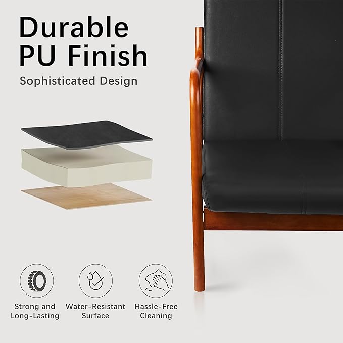 VECELO Mid-Century Modern Accent Chair with Faux Leather Cushion &amp Solid Wood Frame Lounge Armchair for Living Room Bedroom Office Black
