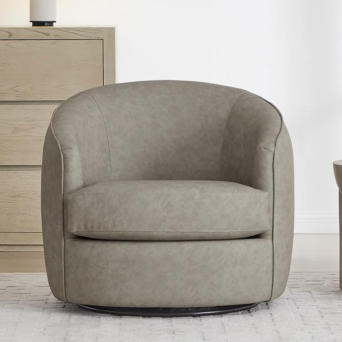 CHITA Swivel Barrel Chair Modern Comfy FSC Certified Upholstered Faux Leather Accent Chair for Living Room Fully Assembled Stone Grey