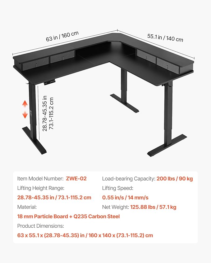 VEVOR 63'' Electric L Shaped Standing Desk 3 Memory Height 2-Tier Corner Table with 4 Drawers Storage 2 Hooks &amp Cable Hole Heavy Duty Carbon Steel Sit Stand Computer Workstation Easy to Assem