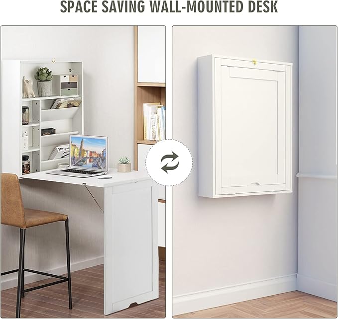 Folding Wall Mounted Desk Fold Down Table with Storage Shelves Wood Convertible Floating Table for Small Spaces Murphy Desk Wall Mount for Home Office (White)