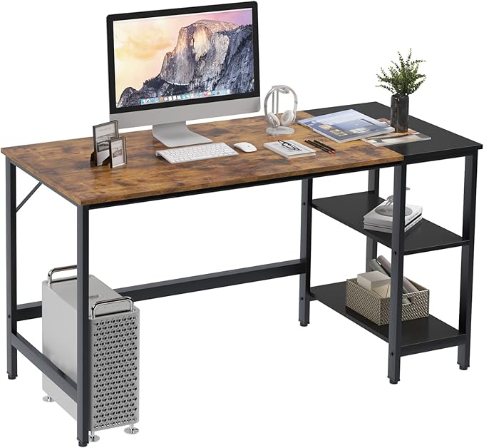 soges 55.1 Inch Home Office Computer Desk Study Writing Table Desk with with Splice Board Wooden Study Working Table Desk with 2-Tier Storage ShelfModern Laptop PC TableCXYM-PB001B-140