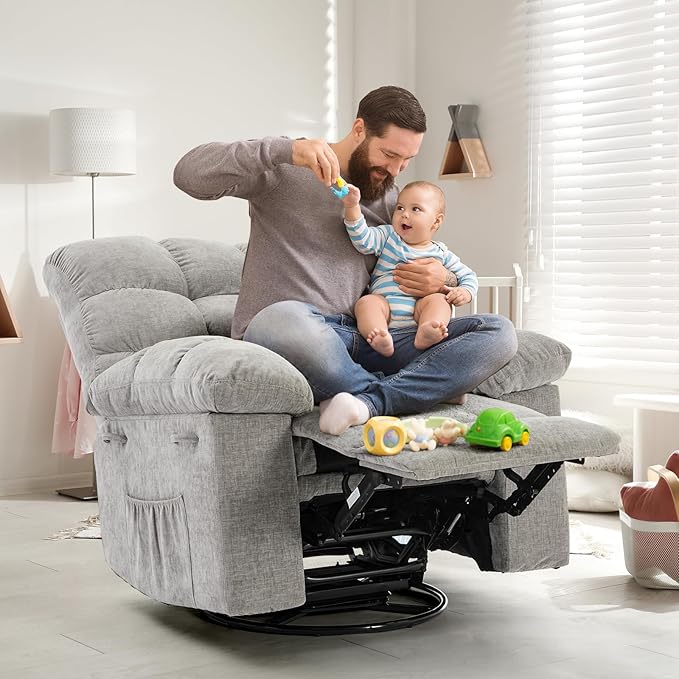 Swivel Rocking Recliner Chair With Extra Large Footrest High Back 360° Swivel Rocker ChairUpholstered Glider Nursery Chair for Living Room Bedroom &amp Nursery Comfortable Deep Seat for Relaxatio