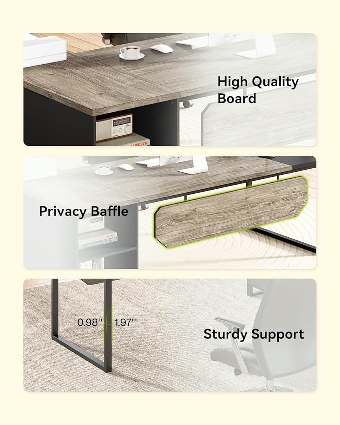 LITTLE TREE 70.8 Inches Executive Desk and 55 Inches File Cabinet Combo Large L Shaped Computer Desk with Storage Cabinet and Shelves Modern Business Furniture for Home Office Grey &amp Black