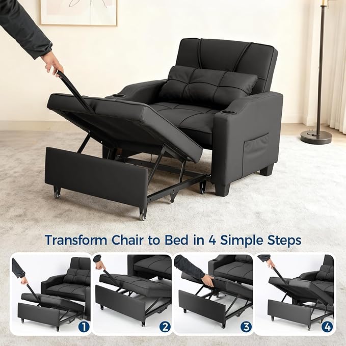 Sleeper Chair Pull Out Bed 4 in 1 Convertible Sofa Chair Bed with Vibration Massage Lumbar Pillow Single Sofa Recliner with USB/Type-C Port Cup Holders and Side Pocket for Small Spaces (Black)