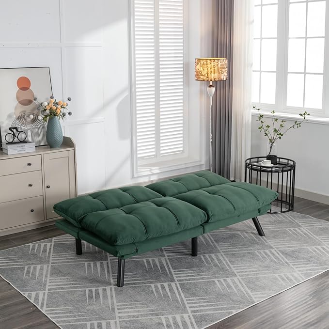 LLS 70.87 Velvet Futon Sofa Bed Modern Convertible Sleeper Sofa Couch with Adjustable Backrest and Armrests Tufted Loveseat Sofa with Metal Legs for Living Room Bedroom Apartment Emerald