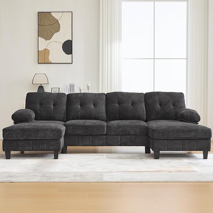 103.5 U-Shaped Sectional Sofa Modern Chenille Fabric Couch with Dual Chaise Lounges Side Storage Pockets and Armrest Pillows for Living Room (Black//16)