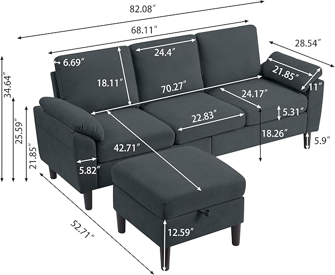 80 Convertible Sectional Sofa Small L Shaped 3 Seat Couch with Reversible Chaise Modern Fabric Sofa Couches for Living Room Apartment and Small Space Dark Grey