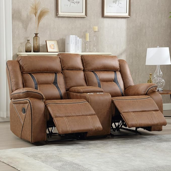 EBELLO Faux Leather Manual Loveseat Recliner 2 Seat Reclining Sofa Chair with Center Console Hidden Storage and Cup Holders Daul Recliner for Living Room Meeting Room Brown (Loveseat)