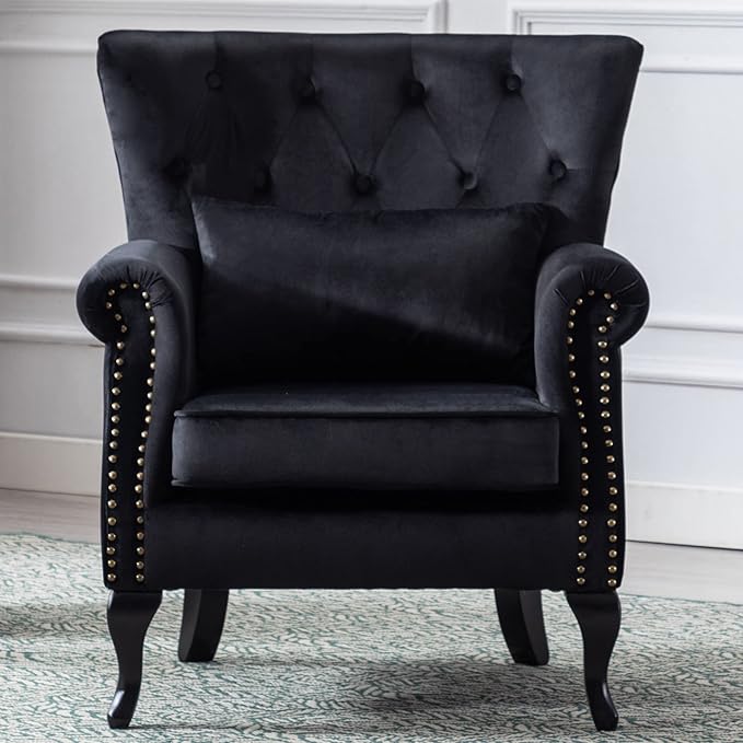 Mid Century Modern Accent Chair Upholstered Armchair Comfy Velvet Fabric Single Sofa with Tufted Wingback for Small Spaces Bedroom Living Room Black