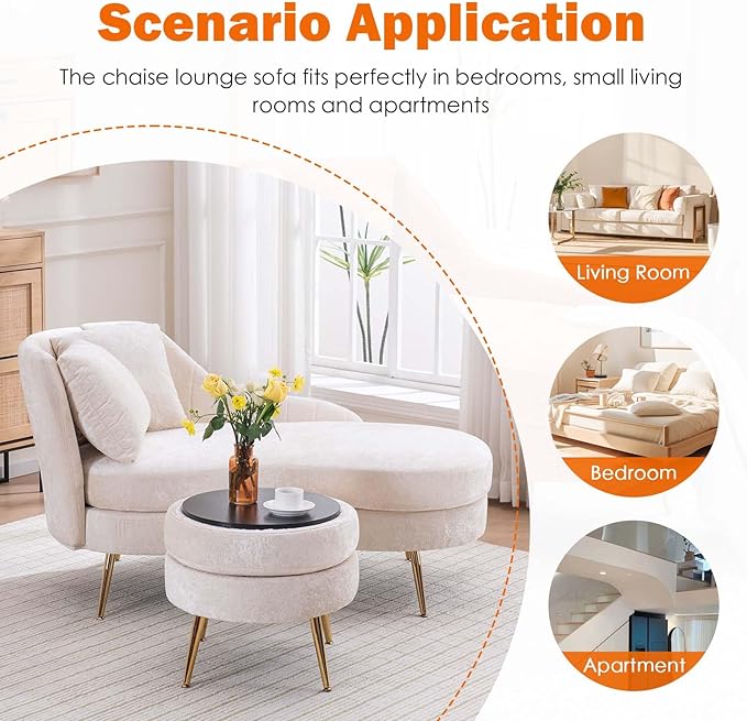 Chaise Lounge Chair Indoor Chenille Upholstered Chair with Left Armrest &amp Pillow Modern Lounge Chairs Sofa with Footstool for Living Room Bedroom Office (Beige)