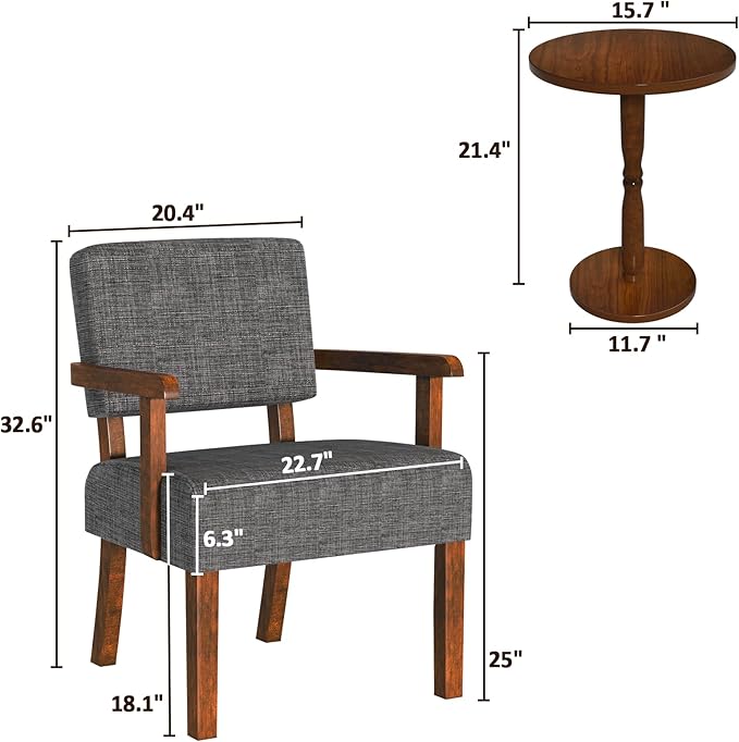 Accent Chair Set of 2 with Table Living Room Chairs with Soft Seat and Armrests for Living Room Bedroom Reading Room Waiting Room Grey (AC01)