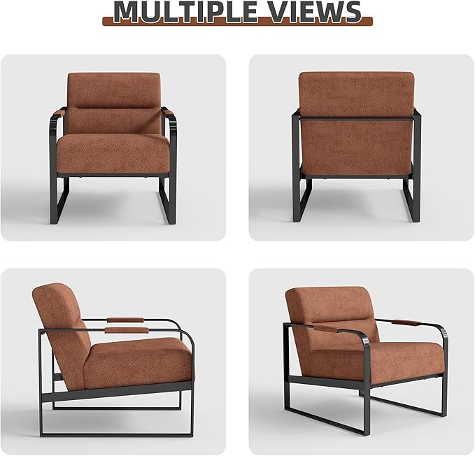 Mid-Century Modern Accent Chair Upholstered Lounge Armchair with Pocket Coil Cushion Metal Frame Reading Chair Brown