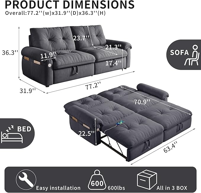 77 Queen Size Sofa Bed Loveseat Sleeper Sofa with Pull Out Bed Pockets and USB Velvet Fabric 2 Seater Convertible Small Couch for Living Room Bedroom Apartment Grey