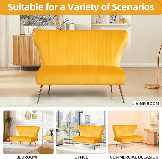 50’’ Armless Loveseat Sofa Comfy Upholstered Velet Small Couch Sofa with Gold Legs 2 Seater Tufted Modern Couch for Living Room Bedroom Apartment Small Space (Yellow)