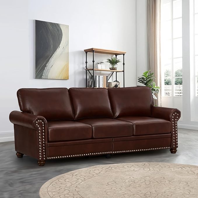 2 Piece Faux Leather Sofa SetModern Chair and Couch Sets with StorageMid Century Couch with Rivet Rolled ArmComfy Deep Seat SofaFurniture for Living RoomOffice(Armchair+3 SeaterBurgundy)