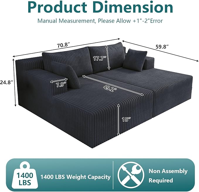70.8 Oversized Double Chaise Lounge Indoor Upholstered Deep Seat Cloud Couch Corduroy Lounge Chair Modern Sofa Bed Loveseat Sleeper Chair for Living Room Bedroom ApartmentDark Gray