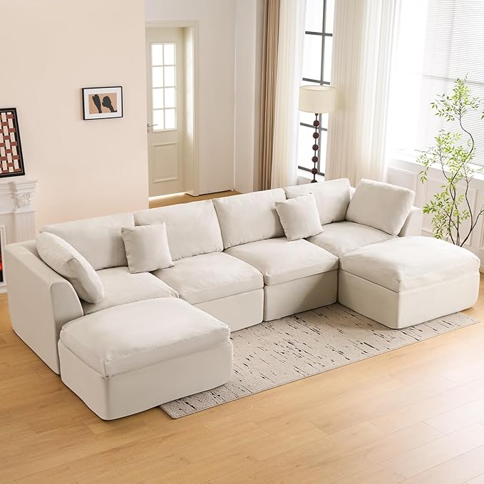U Shape Modular Sectional Sofa 4 Seater Modular Couch with Ottomans Fully Compressed Boneless Modular Sofa for Living Room (Warm White)