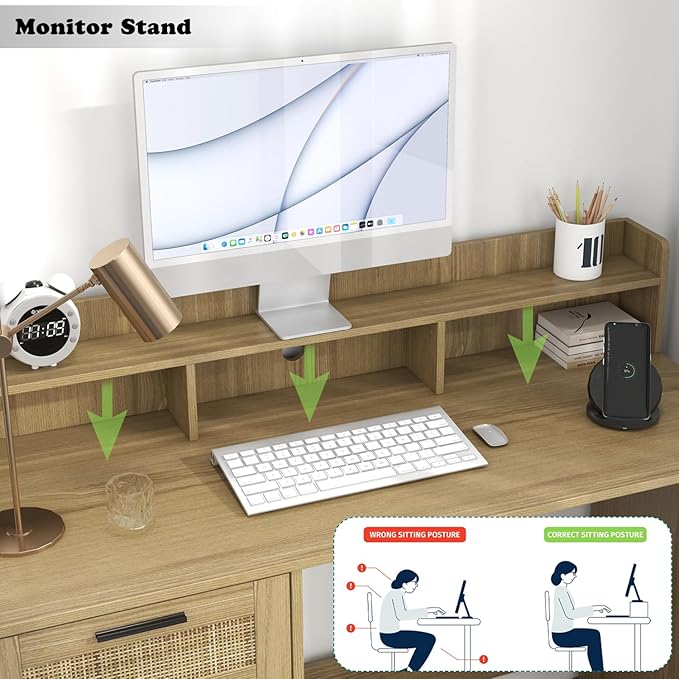 ENSTVER Small Computer Desk with Drawers and Hutch ShelfHome Office Small Desk with Storage File DrawersBoho Rattan Writing Study Desk for Bedroom