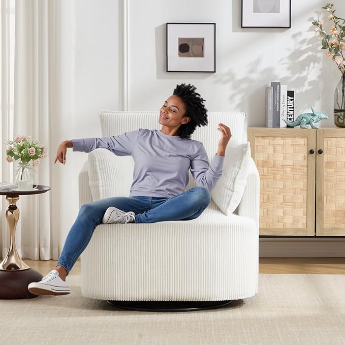 Swivel accent chairSwivel barrel chairReclining armchairs for bedrooms Swivel chairUpholstered Living Room Chair Corduroy Reading Chair Single Sofa Chair for Apartment Office(Modern White)