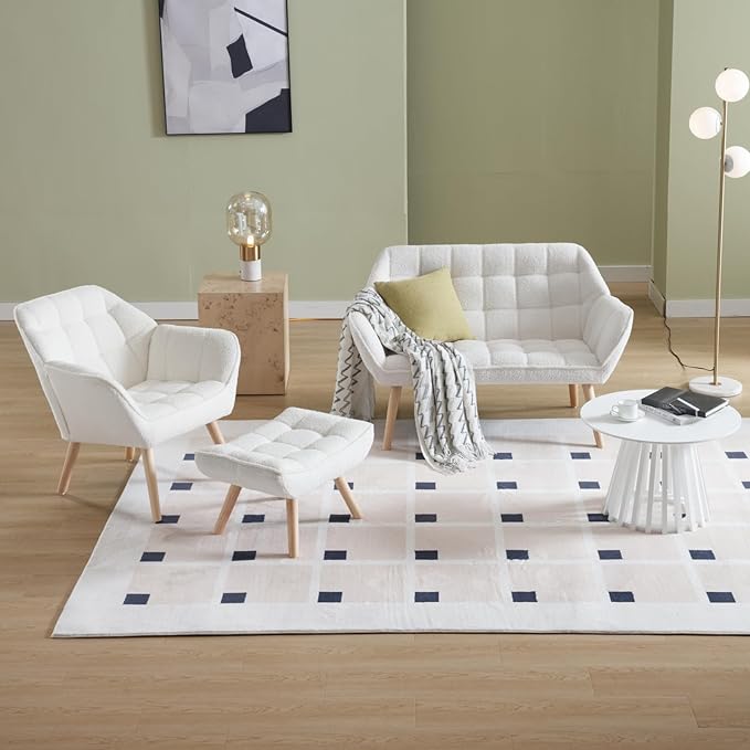 Modern Sherpa Accent Chair with Ottoman Fluffy Upholstered Lounge Chair with Footrest Comfy Living Room Side Boucle Armchair for Small Space Bedroom Apartment White
