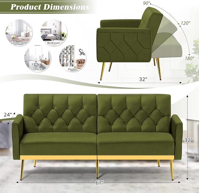 Velvet Sofa Bed w/Adjustable Armrests and Backrests Modern Convertible Sleeper Sofa Tufted Futon Sofa for Bedroom Living Room Apartment Olive Green