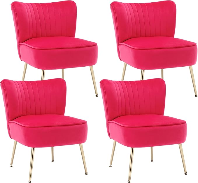 KCC Modern Velvet Upholstered Accent Chair Set of 4Mid Century Living Room Chairs with Golden LegsComfy Armless Chair Wingback Single Sofa Side Chair for BedroomHot Pink