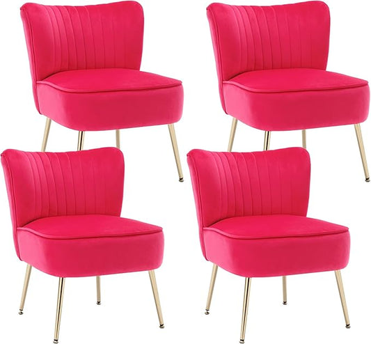 KCC Modern Velvet Upholstered Accent Chair Set of 4Mid Century Living Room Chairs with Golden LegsComfy Armless Chair Wingback Single Sofa Side Chair for BedroomHot Pink