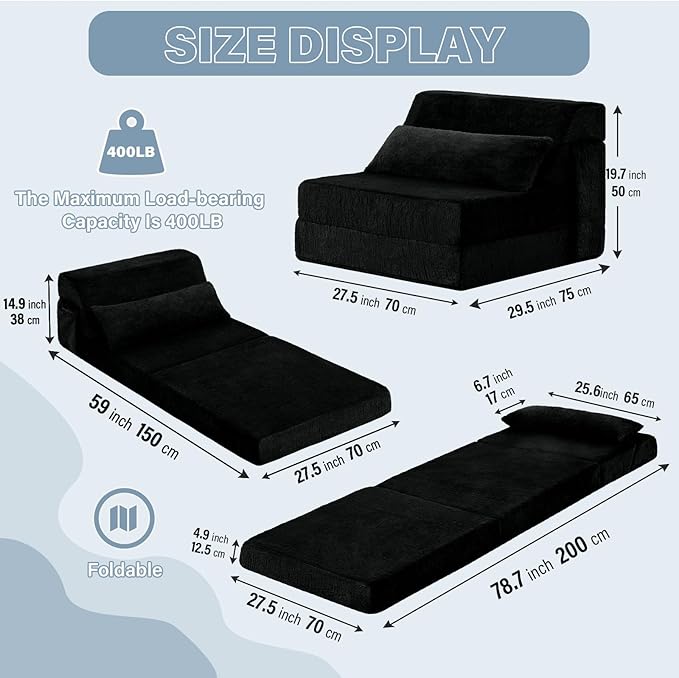 Tiita Convertible Folding Sofa Bed Single Size for Adults with Pillow Plush Fabric Floor Mattress Couch Bed Washable Cover &amp Side Pocket Guest Room Dorm Apartment Living Room Black