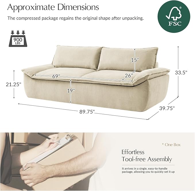 HULALA HOME 89 Compressed Foam Sofa Boneless Couch Oversized Cloud Couh with Deep Seat Modern 3 Seater Sofa with Removable Seat and Back Cushions No Assembly Required Beige