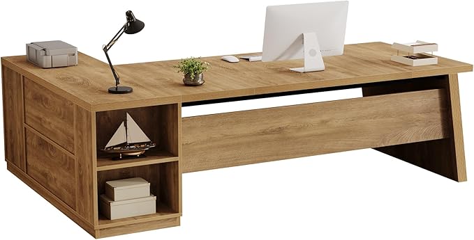 Tribesigns 77.9-inch Executive Desk with 2 Drawers Large L Shaped Computer Desk with Storage Cabinet and Shelves Business Furniture Workstation for Home Office (Light Brown)