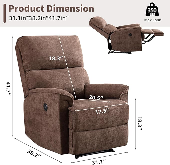 Electric Recliner Chair for Adults with USB Port Breathable Fabric Power Recliners with High Back Single Overstuffed Heavy Duty Reclining Sofa for Living Room Bedroom