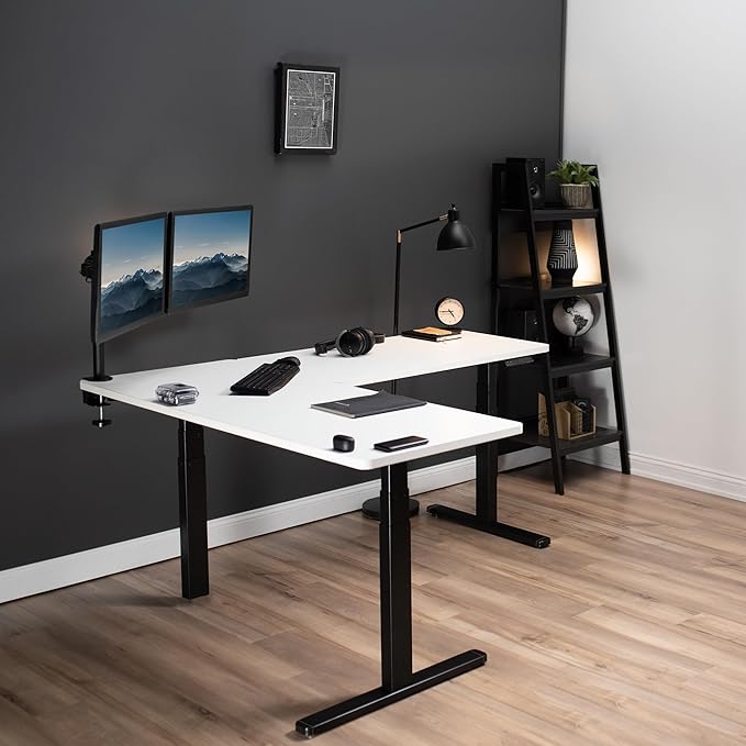 VIVO Electric Height Adjustable 83 x 60 inch Corner Stand Up Desk 2 White Solid Table Tops White Frame Memory Controller L-Shaped Workstation 3E Series DESK-KIT-3E8W