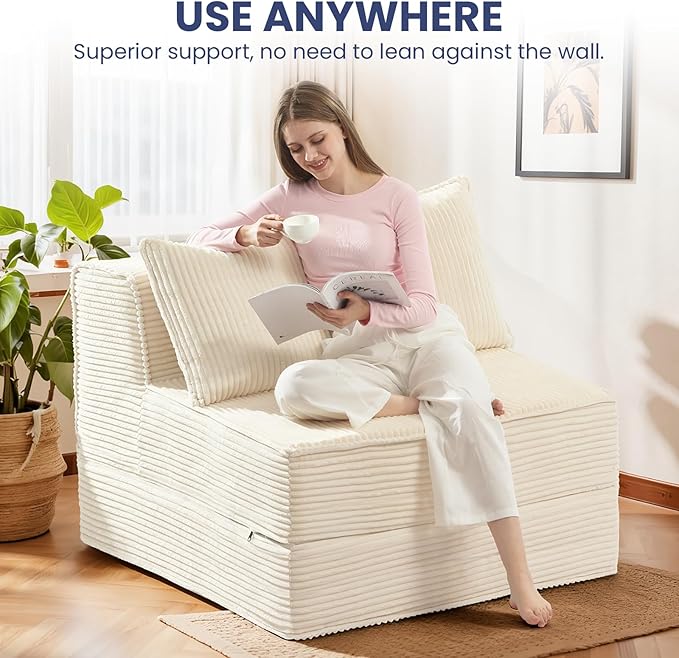 Convertible Sofa Bed Fold Out Loveseat Sleeper Sofa Chair with Pillow Folding Sofa Bed with Back Support Portable Chair Bed Comfy Floor Lounge Sofa for Living Room Bedroom Guest Room Beige