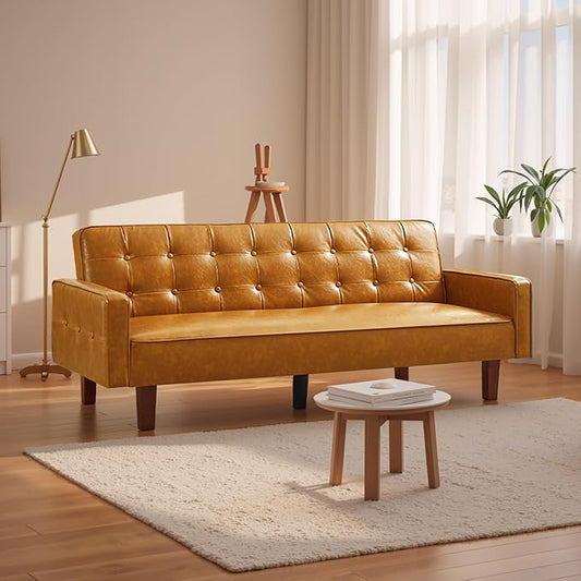 74 Modern Futon Couch Futon Sofa Bed Mid Century Sofa Bed Loveseat Couches for Small Spaces Living Room Bedroom (Faux Leather Light Brown)