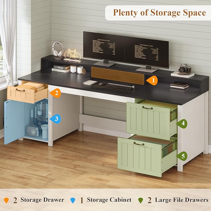 SEDETA Farmhouse 63 Executive Desk Home Office Desk with File Drawer and Monitor Stand Computer Desk with Drawers and Storage Cabinet Wood Desk for Work Study Writing White
