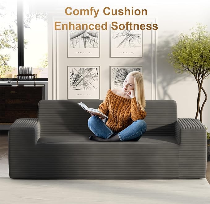 Vivvadecor 79 Corduroy Floor Foam Sofa Sofa-in-a-Box Modern 3-Seater Couch with 24 Deep Seat No Assembly Needed Sofas for Compact Living Room Apartment Home Office Deep Gray
