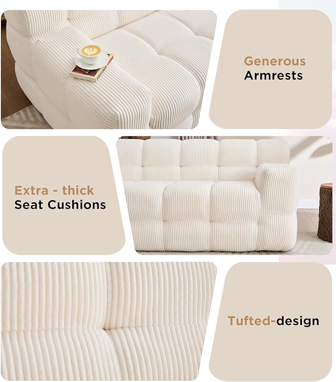 Tbfit Boneless Loveseat SofaComfy Tufted Cloud Couch Modern Living Room Floor Sofa Chair Corduroy White
