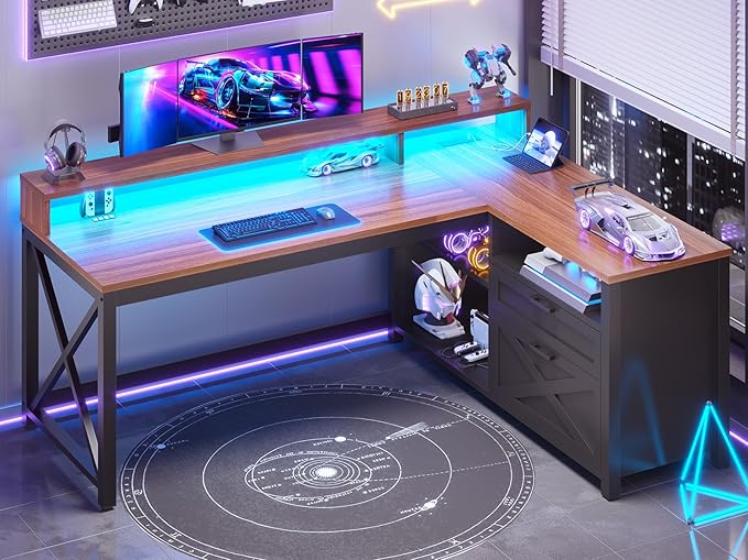 SEDETA L Shaped Gaming Desk with Drawers 55 Farmhouse Computer Desk with File Drawer and Storage Shelves Corner Gaming Desk with LED Lights and Monitor Shelf Black and Brown