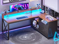 SEDETA L Shaped Gaming Desk with Drawers 55 Farmhouse Computer Desk with File Drawer and Storage Shelves Corner Gaming Desk with LED Lights and Monitor Shelf Black and Brown