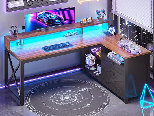SEDETA L Shaped Gaming Desk with Drawers 55 Farmhouse Computer Desk with File Drawer and Storage Shelves Corner Gaming Desk with LED Lights and Monitor Shelf Black and Brown