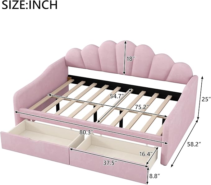 Bellemave Full Size Upholstered Daybed Frame with Shall Shaped Backrest &amp 2 Drawers Velvet Fabric Sturdy Pine Wood Legs for Bedroom/Guest Room Pink