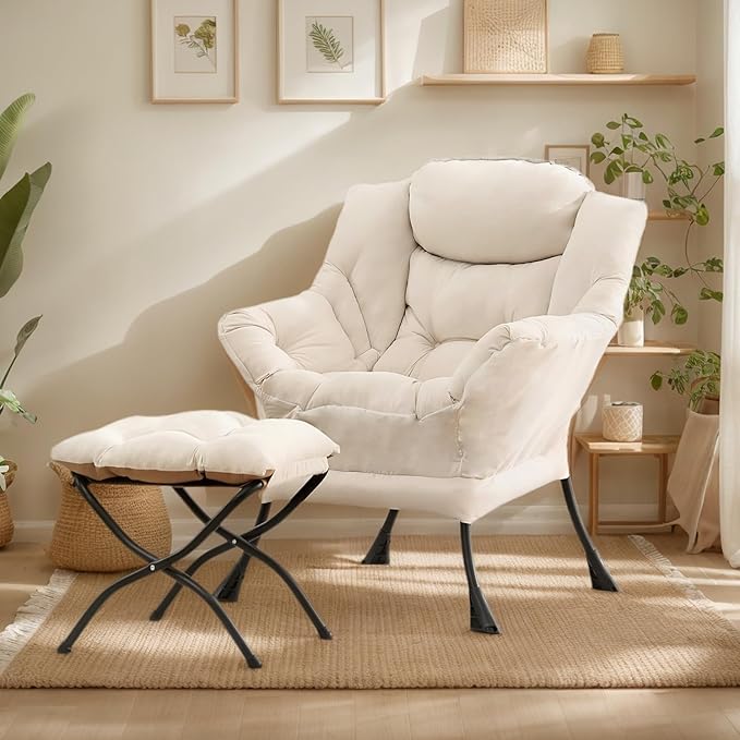 Lazy Chair with Ottoman Large Beige Accent Chair with Ottoman Comfy Reading Armchair Leisure Sofa Chair for Living Room Bedroom Dorm Room Office