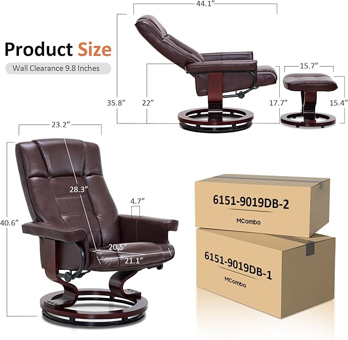 MCombo Manual Swivel Recliner with Ottoman Chair Ottoman Set for RV Small Spaces Living Room Bedroom Office 9019 4919 (Faux Leather Dark Brown)