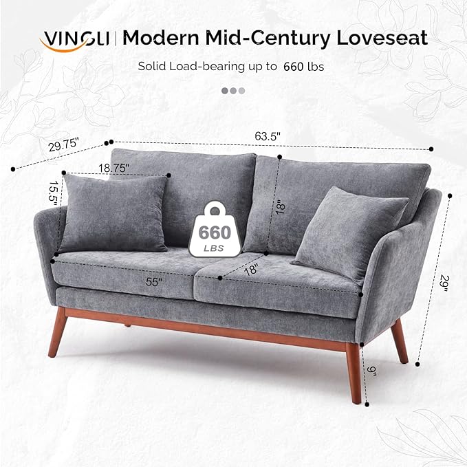 VINGLI 63.5 W Comfy Small Upholstery Love Seat Couch with Soild Rubber Wood Frame 2 Seater Mid Century Linen Fabric Loveseat Sofa Mini Couch with Two Pillows for Small Spaces Bedroom Grey