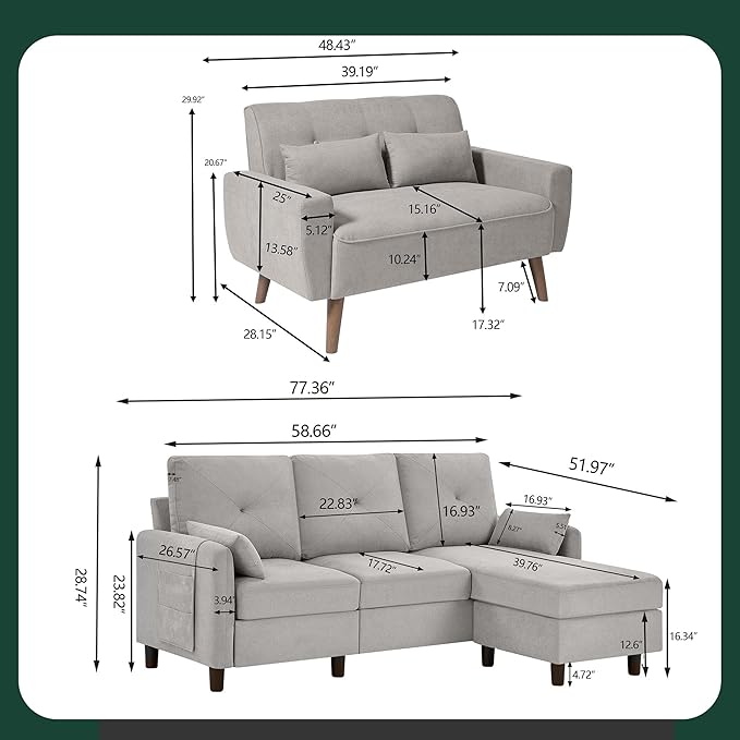 Convertible Sectional Sofa Set 77 Small L Shaped 3 Seat Couch with Ottoman and 48 Loveseat Modern Sofa Couches for Living Room Light Grey