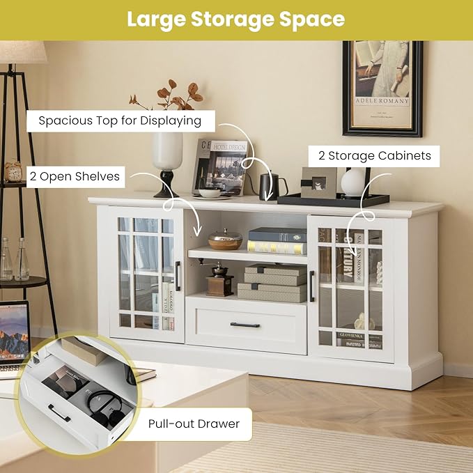 Tangkula Farmhouse TV Stand for TV up to 65 70 Inches Tall Media Console Table with 2 Glass Storage Cabinets 1 Drawer &amp 2 Open Shelves Wooden Entertainment Center for Living Room (White)